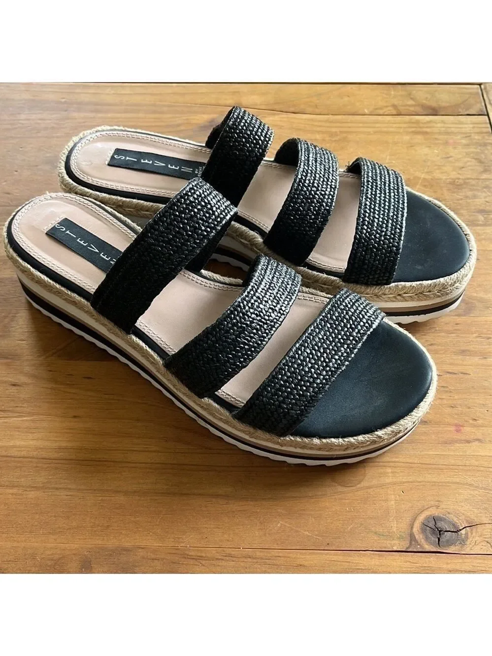 STEVEN Steve Madden Black Linz Women’s Platform Textile 3 Strap Wedge Sandals 9